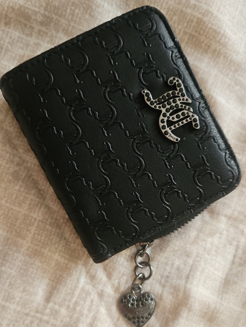 Juicy Couture Black Embossed Zip Wallet with Heart Charm